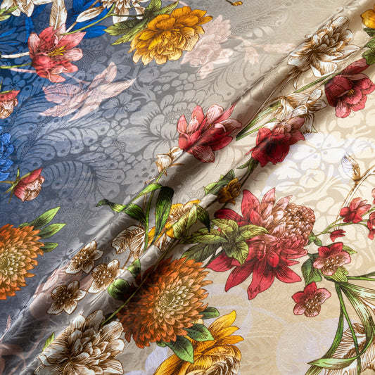 Multi Floral Printed Blue Ombré Silk Jacquard