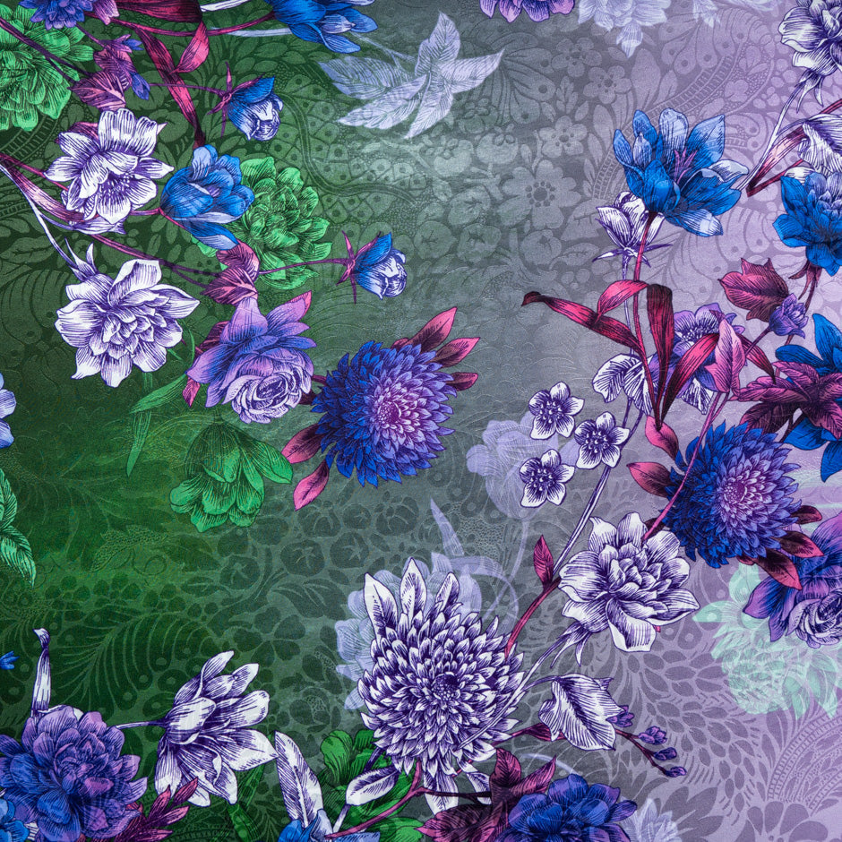 Multi Floral Printed Green Ombré Silk Jacquard