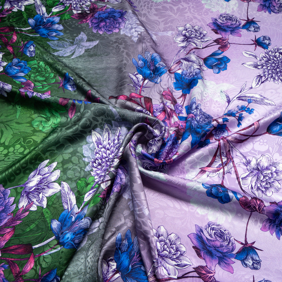 Multi Floral Printed Green Ombré Silk Jacquard