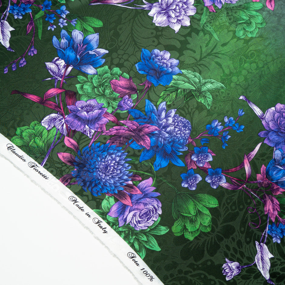Multi Floral Printed Green Ombré Silk Jacquard