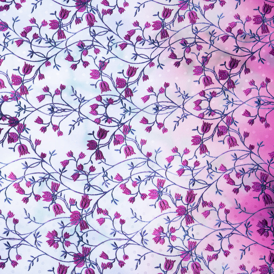 Fuchsia Floral Printed Ombré Pure Silk Jacquard