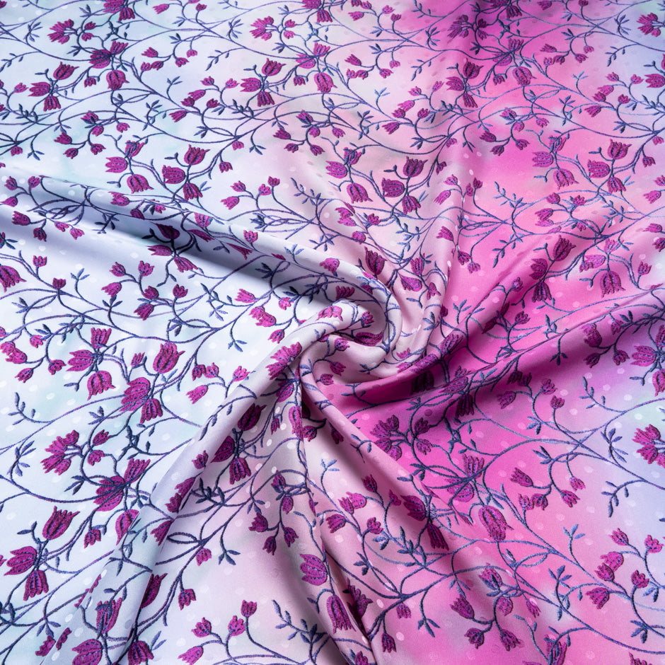 Fuchsia Floral Printed Ombré Pure Silk Jacquard