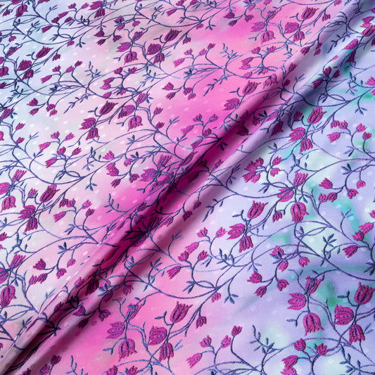 Fuchsia Floral Printed Ombré Pure Silk Jacquard