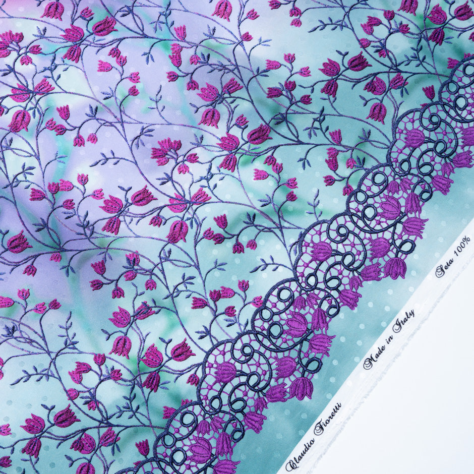 Fuchsia Floral Printed Ombré Pure Silk Jacquard