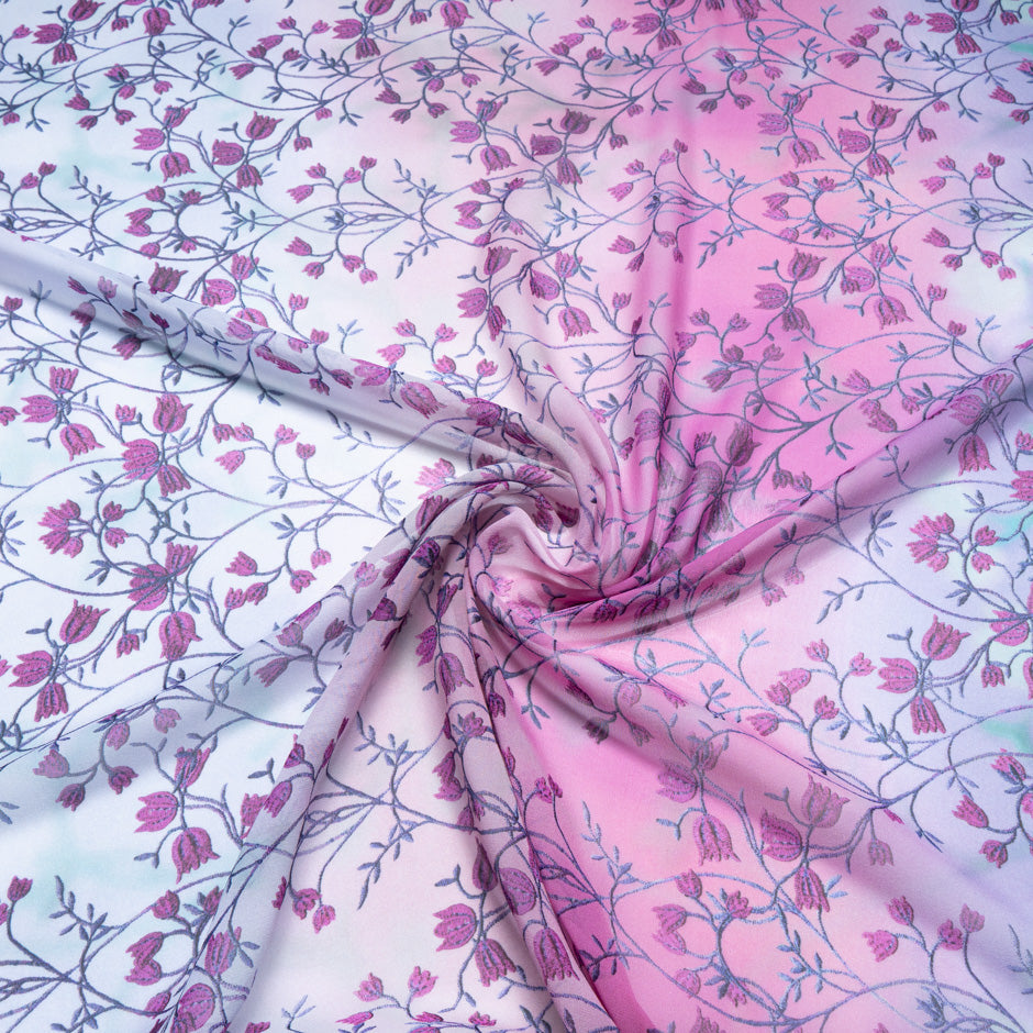 Fuchsia Floral Printed Ombré Pure Silk Georgette