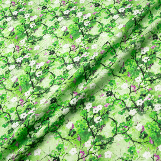 Magenta Floral Printed Green Pure Silk Jacquard