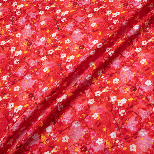 Petite Yellow Floral Printed Red Pure Silk Jacquard