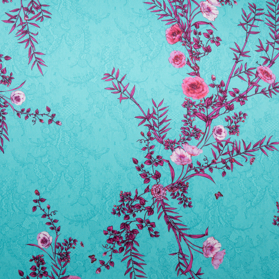 Pink Floral Printed Turquoise Lace Double Silk Crêpe