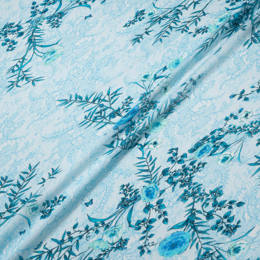 Blue Floral Printed Blue Lace Pure Silk Chiffon