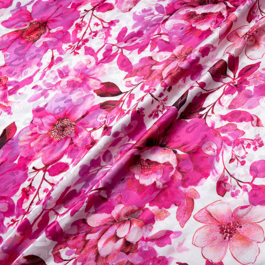 Large Pink Floral Printed Metallic Silk Jacquard