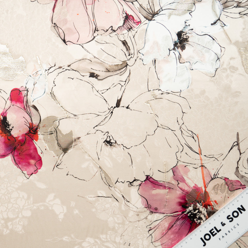 'Sketched' Floral Printed Metallic Silk Satin Jacquard