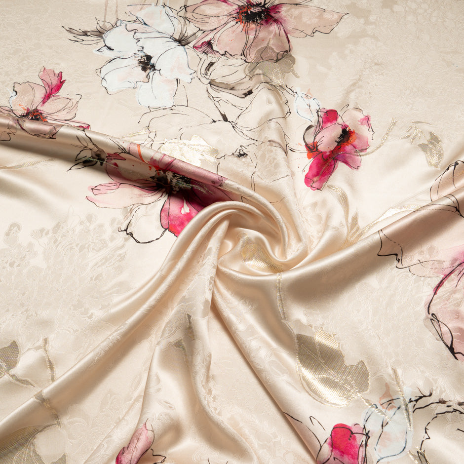 'Sketched' Floral Printed Metallic Silk Satin Jacquard