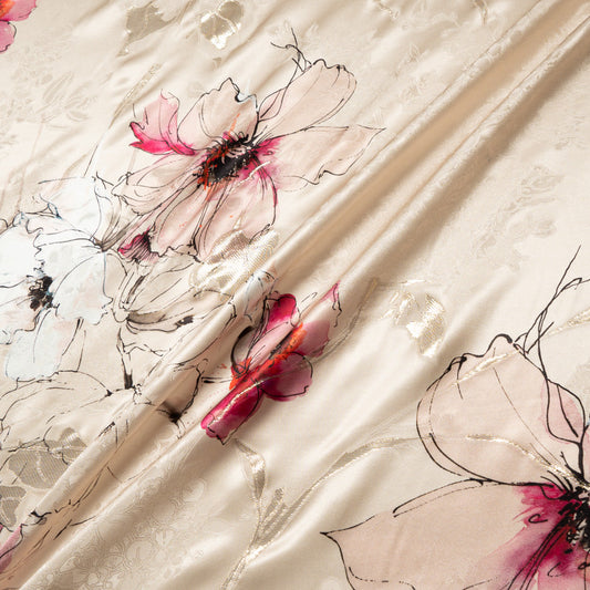 'Sketched' Floral Printed Metallic Silk Satin Jacquard