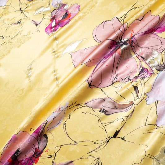 Pink Floral Printed Metallic Silk Satin Jacquard