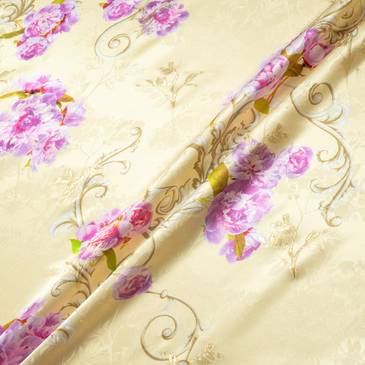 Pink Floral Printed Metallic Yellow Silk Jacquard
