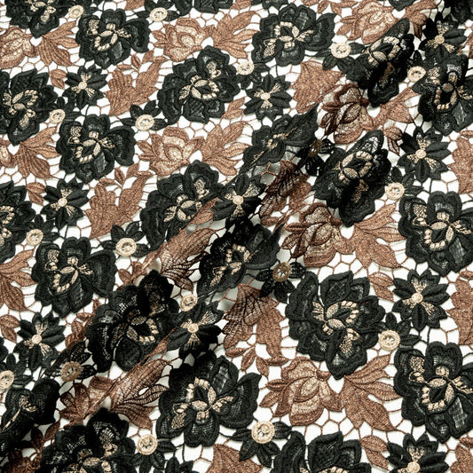 Brown & Black Metallic Floral Guipure Lace