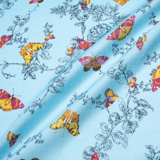 Multi Butterfly Printed Rich Blue Linen