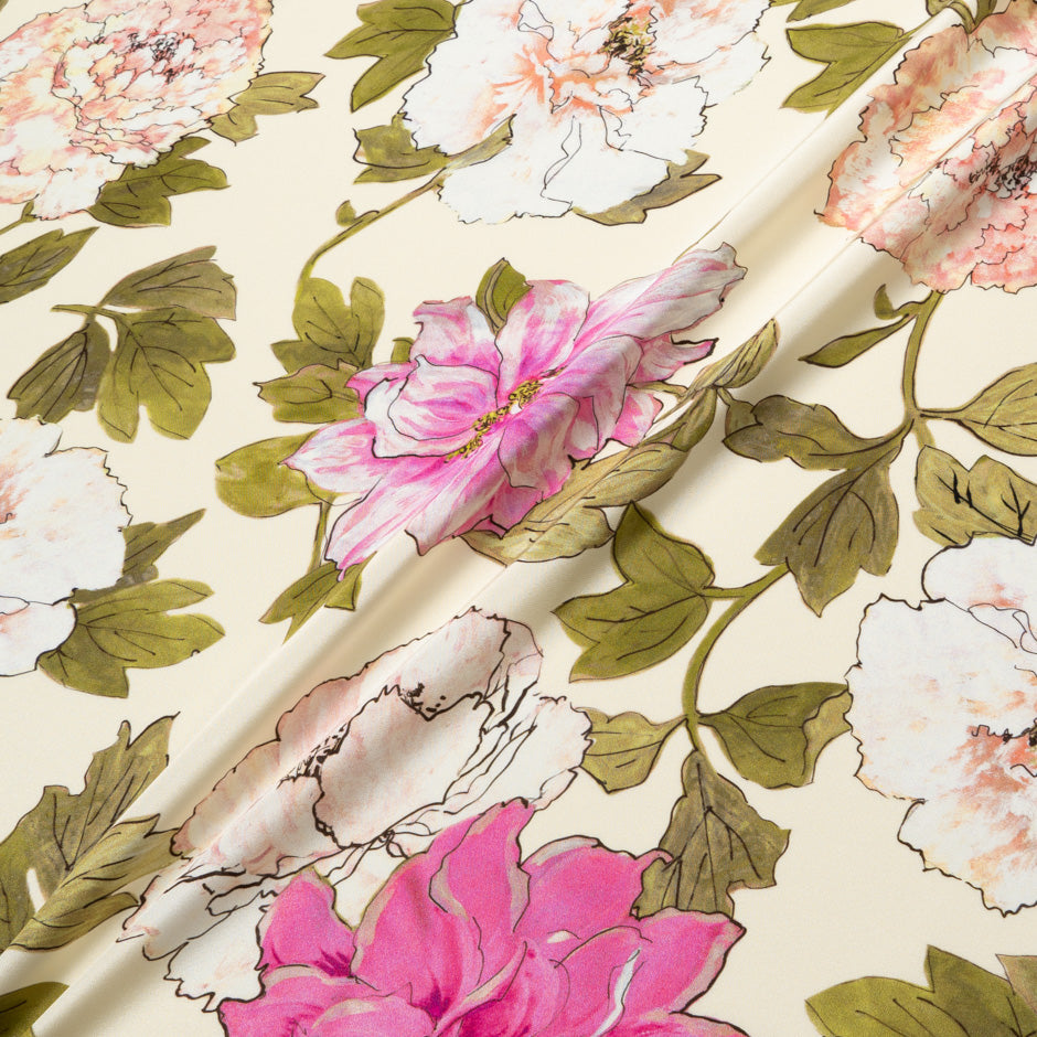 Large Pink Floral Printed Cream Silk Crêpe