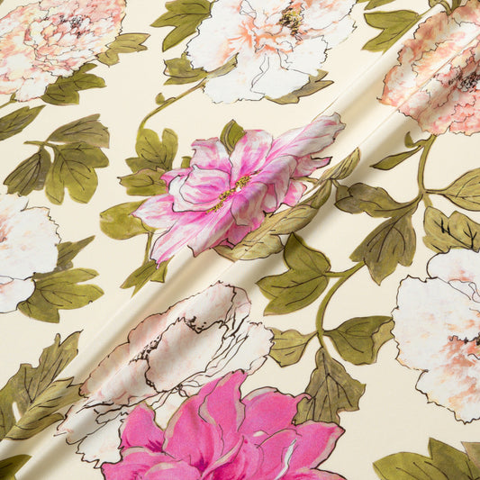 Large Pink Floral Printed Cream Silk Crêpe