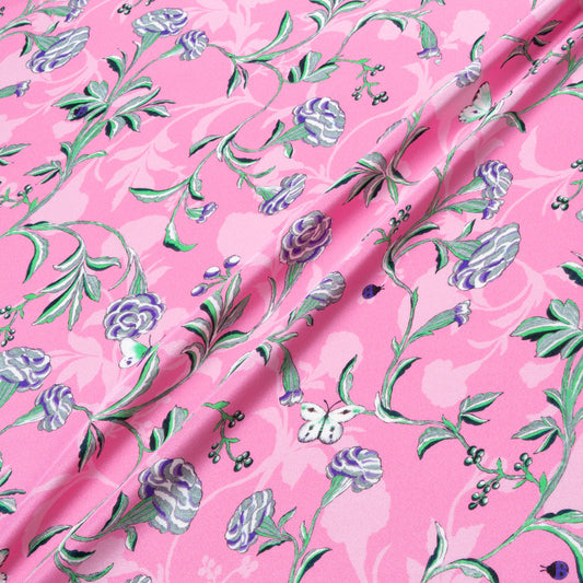 Grey & Purple Floral Printed Pink Silk Crêpe