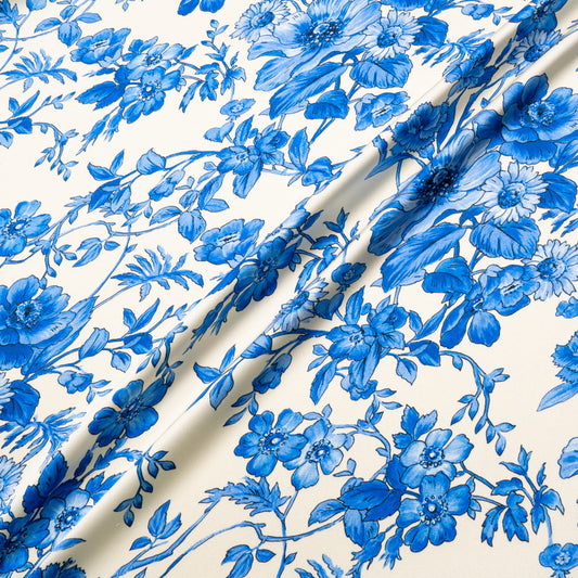 Royal Blue Floral Printed Ivory Silk Crêpe