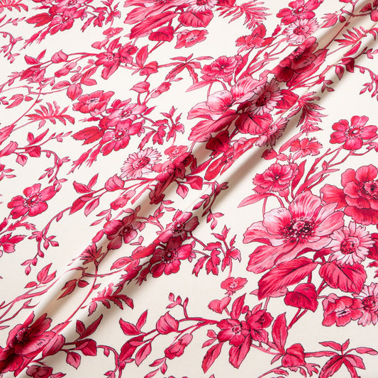 Magenta Pink Floral Printed Ivory Silk Crêpe