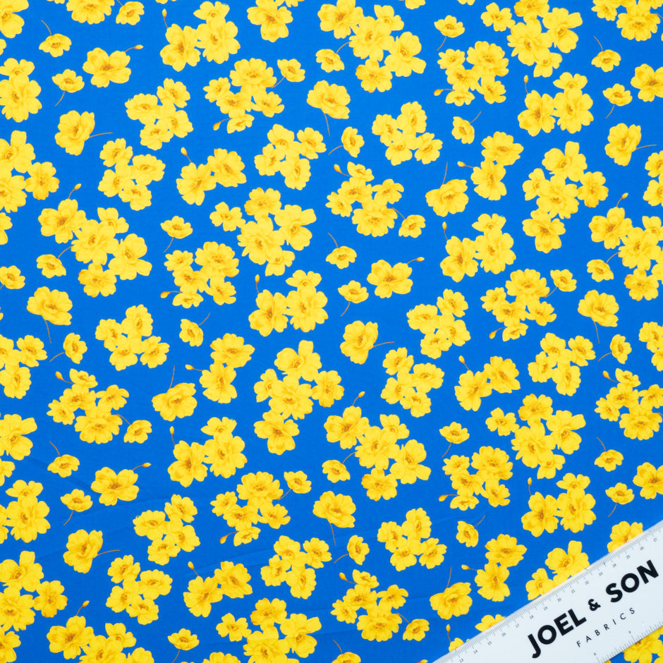 Canary Yellow Floral Printed Blue Pure Cotton