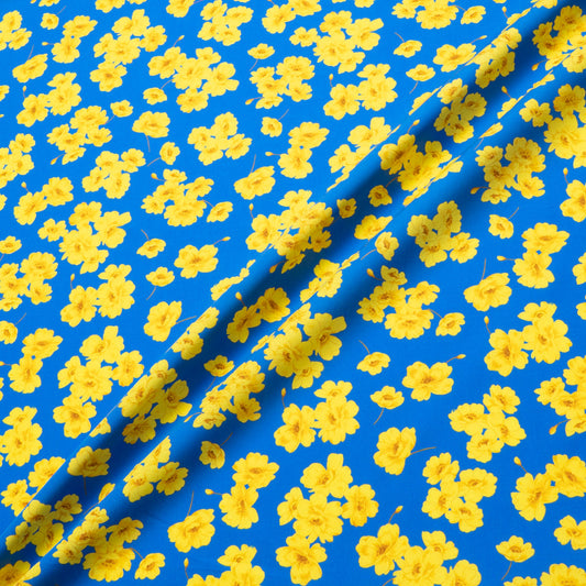 Canary Yellow Floral Printed Blue Pure Cotton