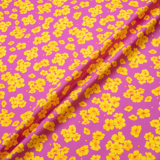Deep Yellow Floral Printed Pink Pure Cotton