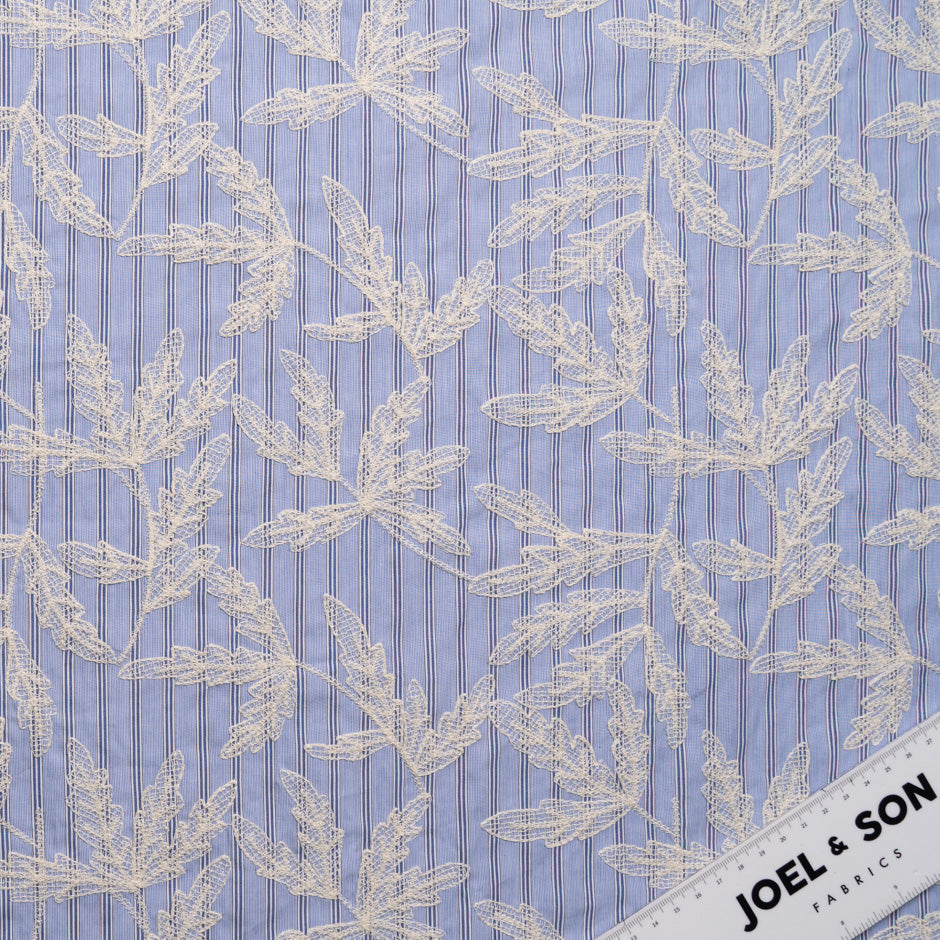 Floral Embroidered Blue Striped Cotton