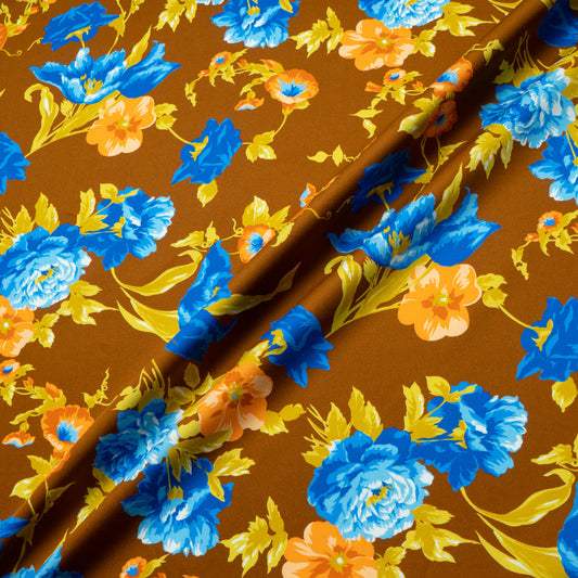 Blue Floral Printed Chocolate Brown Luxury Cotton