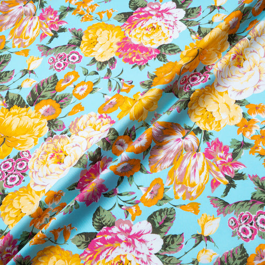 Busy Floral Printed Turquoise Luxury Cotton