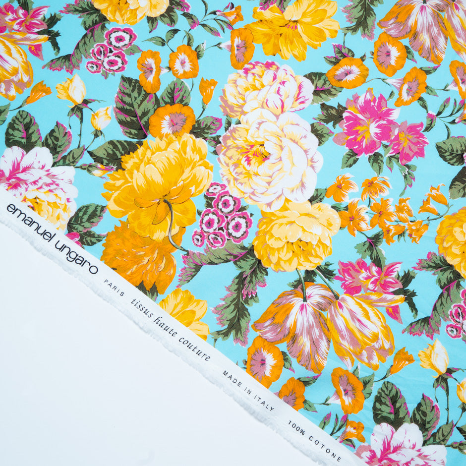 Busy Floral Printed Turquoise Luxury Cotton