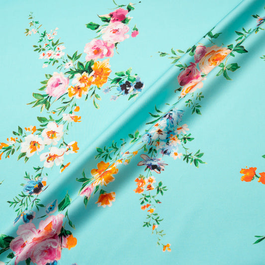 Pretty Floral Printed Turquoise Luxury Cotton