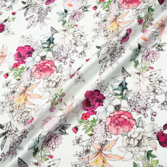 'Sketched' Floral Printed Ivory Luxury Cotton