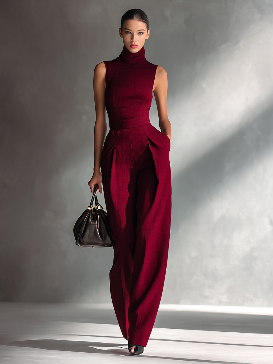 Women's Sleek Cotton-Linen Blend Burgundy Sleeveless Turtleneck Wide-Leg Jumpsuit