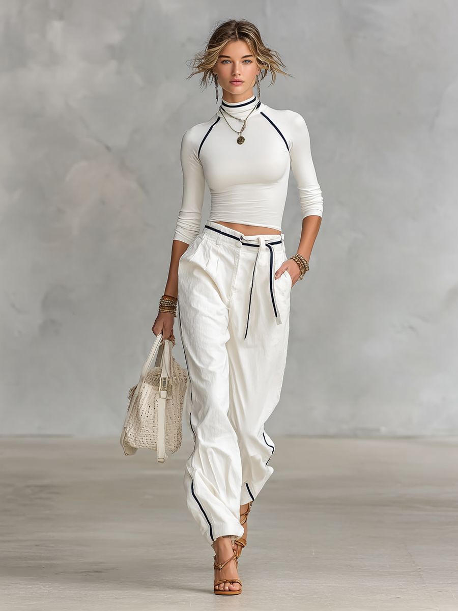 Women's Casual Half-high Collar Long-sleeved T-shirt Straight Pants Two-piece Set