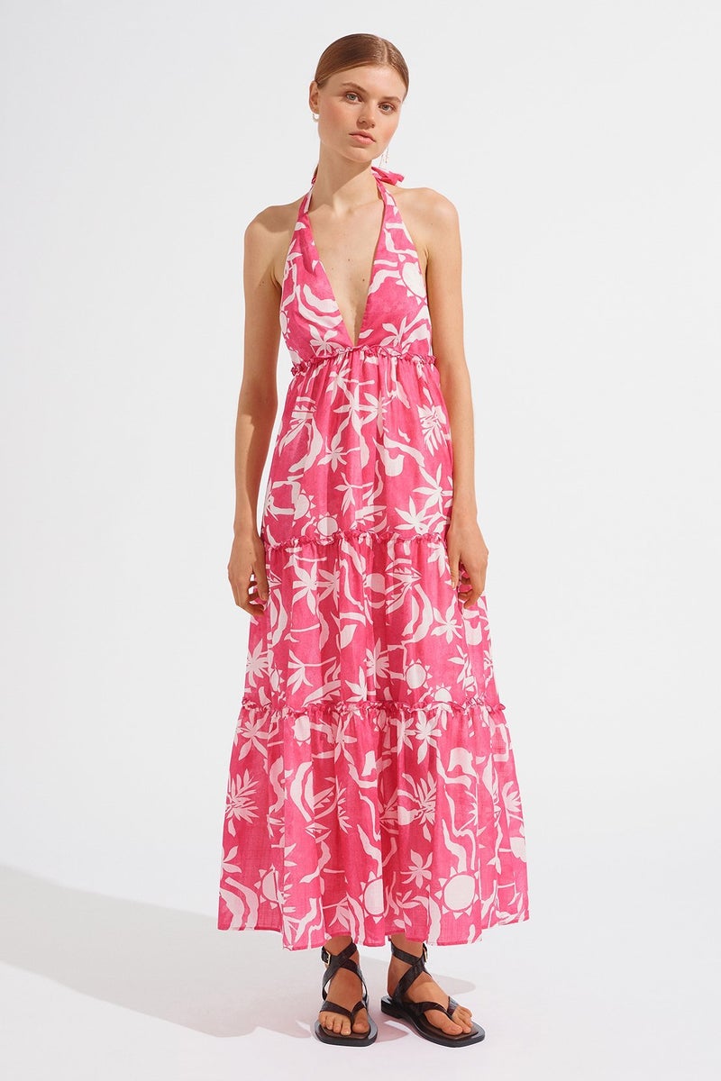 Floral Cami Halter Neck Lace Up Backless Maxi Dress