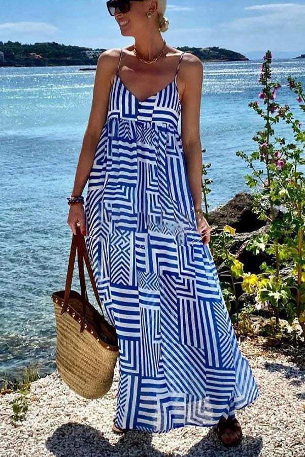 ® Sunday Blues Irregular Lines Print Suspender Vacation Loose Maxi Dress