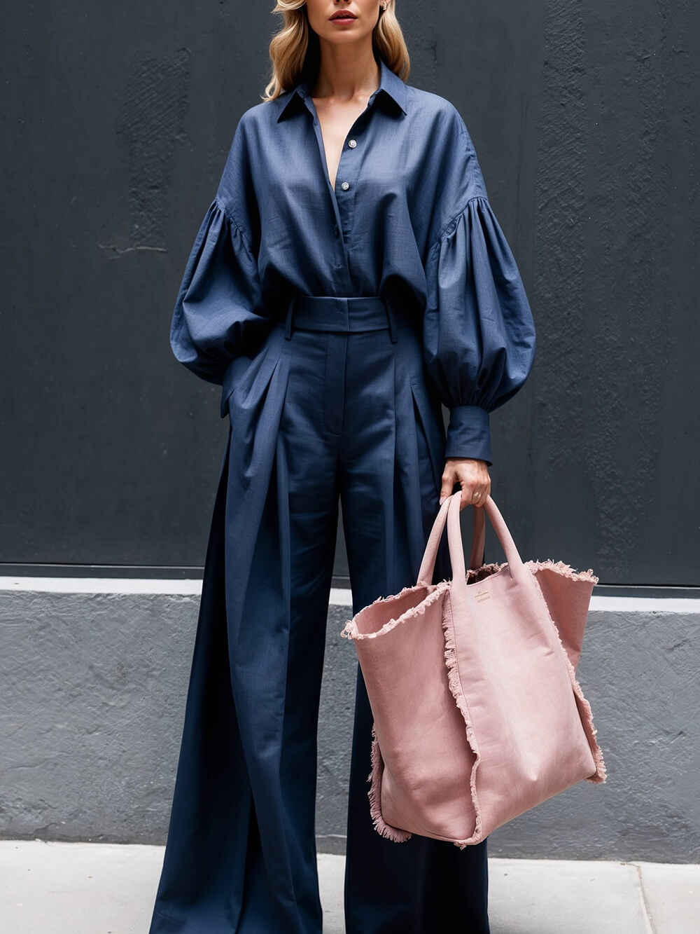 Fashionable Casual Solid Color Unique Pleated Pocket High Waist Wide Leg Pants