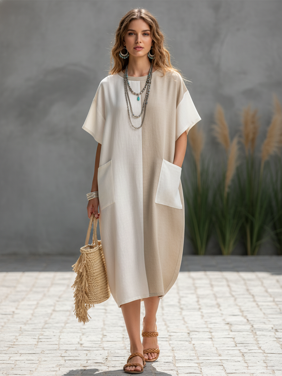 Women's Casual White & Khaki Color-Block Cotton-Linen Short Sleeve Large Pockets Loose Fit Midi Dress