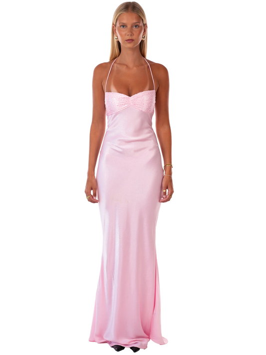 Rosalie Sequin Halter Satin Gown