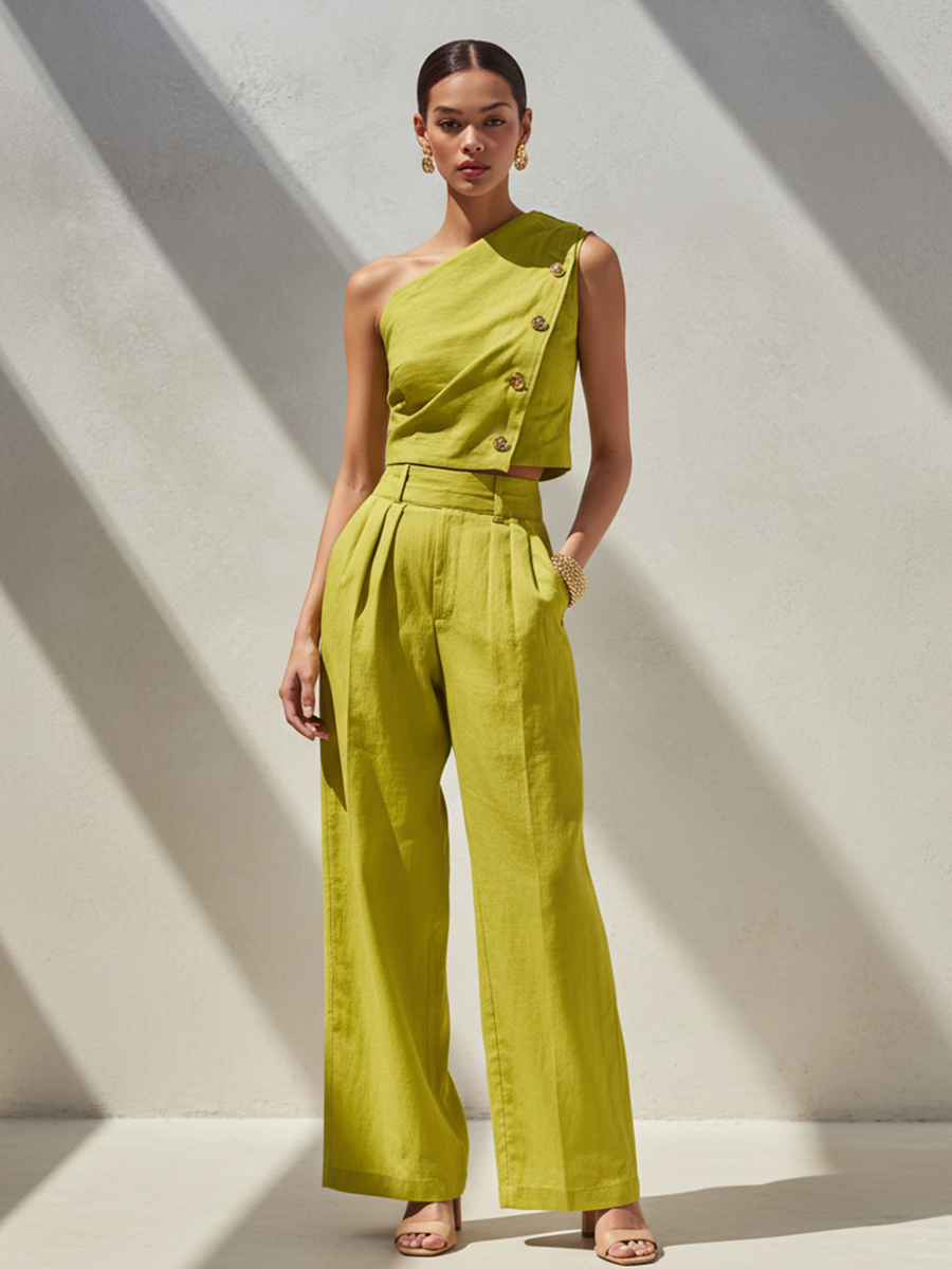 Women's Fashion Lemon Green Cotton Linen One-Shoulder Metal Buckle Top And Wide-Leg Pants Set