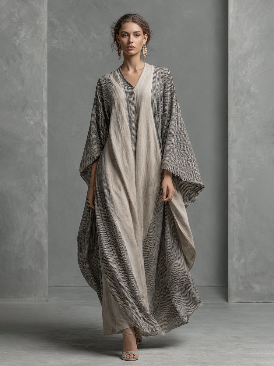 Women's Boho Striped V-Neck Cotton Linen Oversized Kaftan Maxi Dress