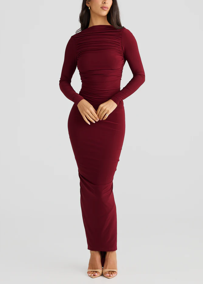 Sexy Slim Solid Color Long Sleeve Temperament One-Step Maxi Dress