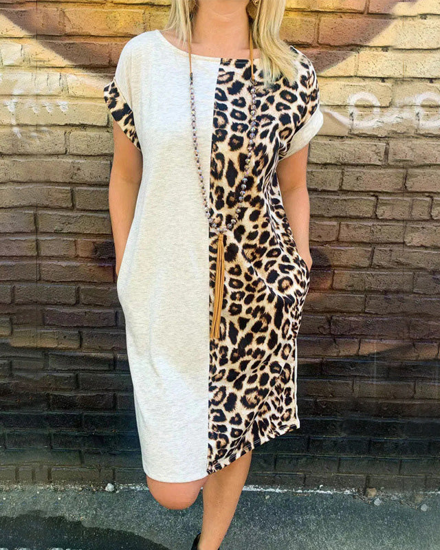 ROUND NECK LEOPARD SPLICING DRESS