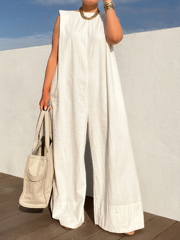 Sleeveless Wide Leg Shoulder Pad Solid Color Jumpsuits