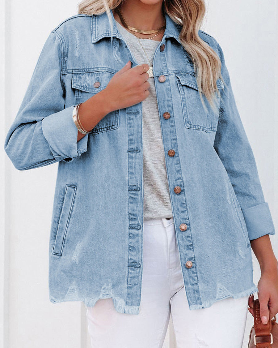 POCKETED DISTRESSED DENIM SHACKET