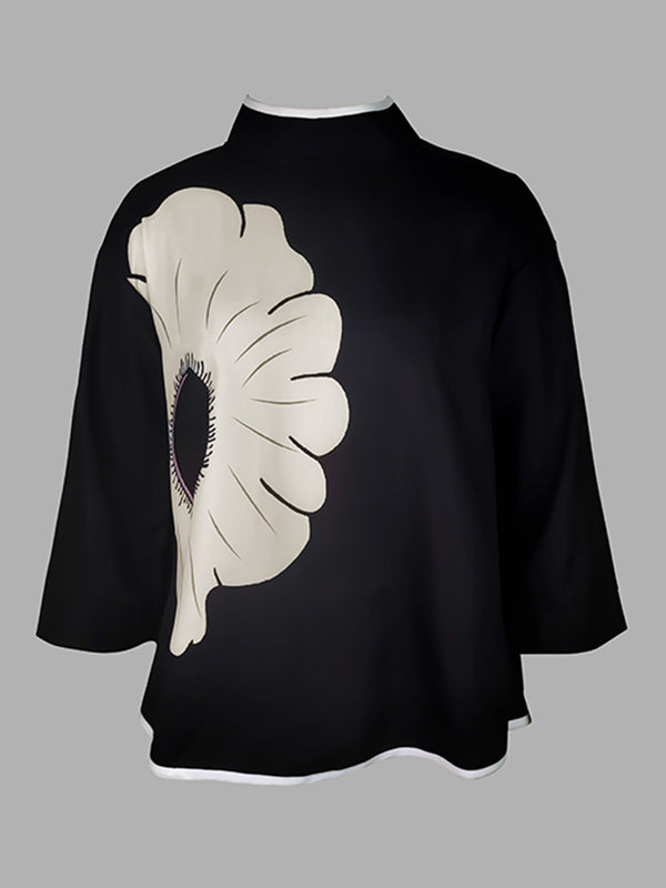 A-line High-low Flower Print Mock Neck T-Shirts Tops