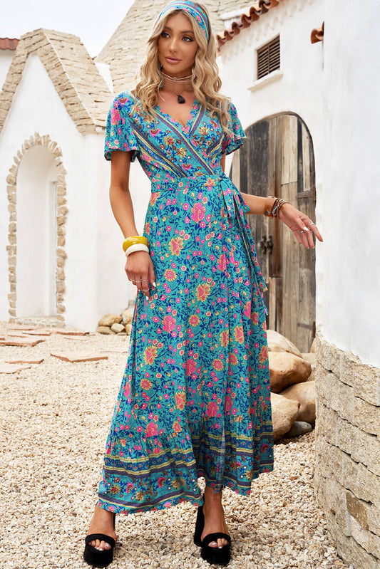 Floral Flared Sleeve Wrapover Lace Up Maxi Dress